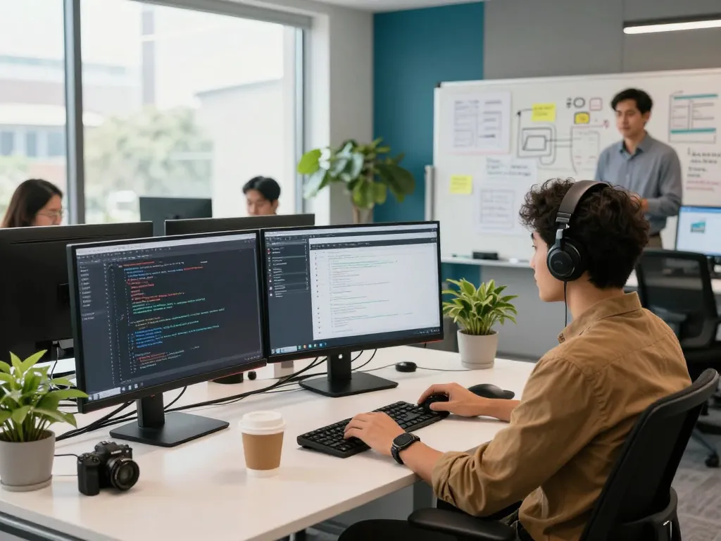 Software developer collaborating at https://thscrore.app/ in a vibrant tech workspace with code displayed on monitors.