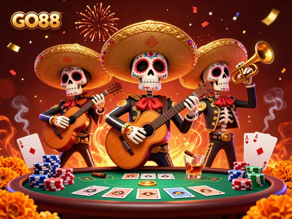 Experience the excitement of GO88 with vibrant mariachi band celebrating at a dynamic poker scene.