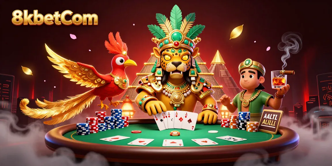 Engage in thrilling poker games with 8xbetCom featuring iconic Mayan characters and vibrant casino elements.