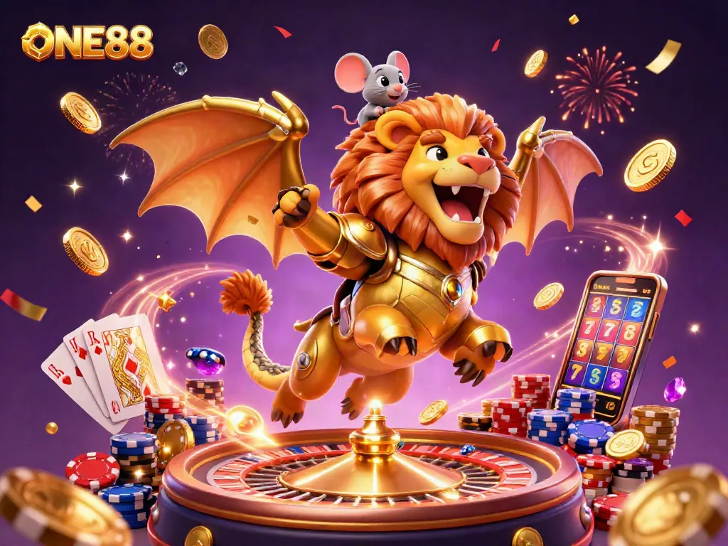 ONE88 casino features a triumphant chimera and mouse jockey amidst golden coins and casino elements.