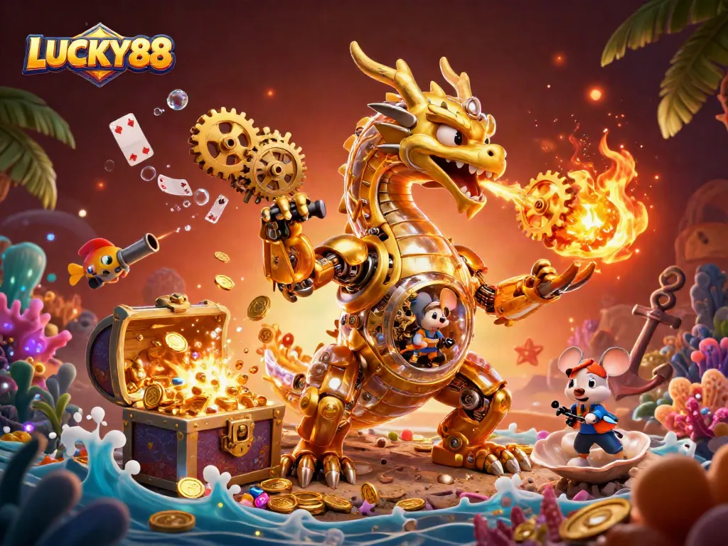 Experience thrilling gameplay with LUCKY88 in this vibrant casino-inspired digital art scene.