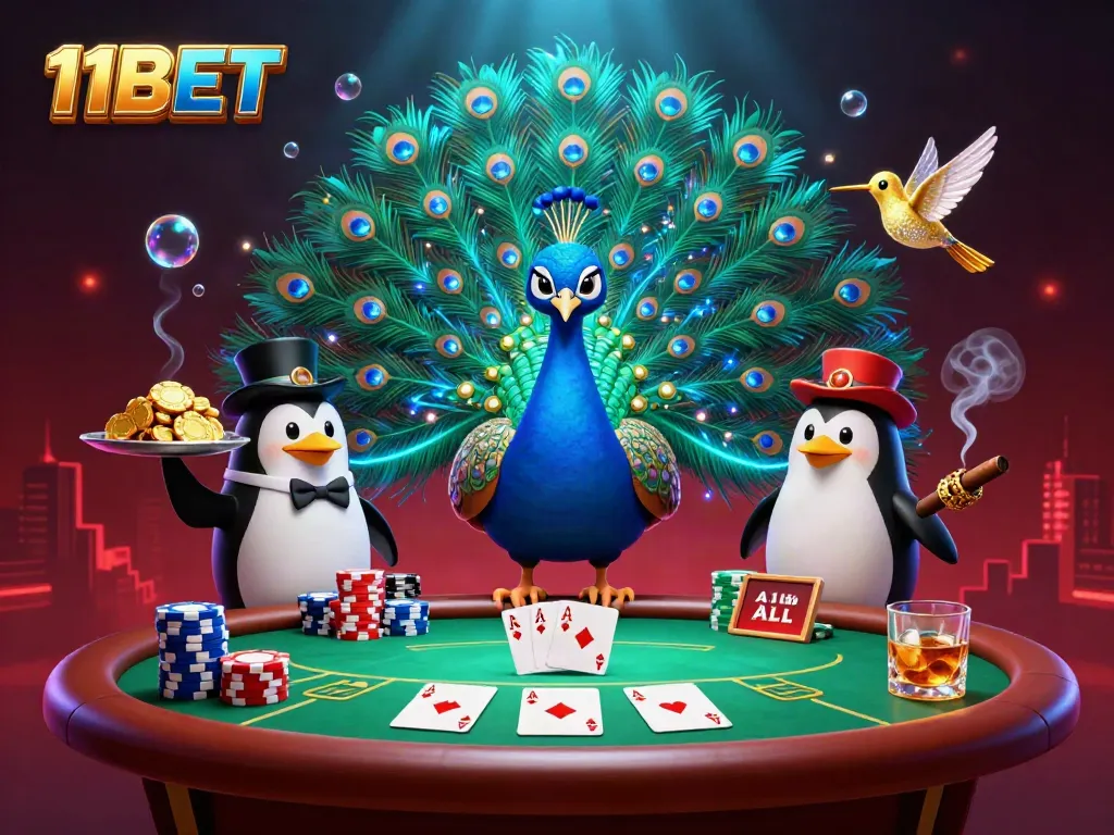 Play poker at 11BET, showcasing an extravagant peacock, a butler penguin with chips, and a hummingbird in a casino rush.