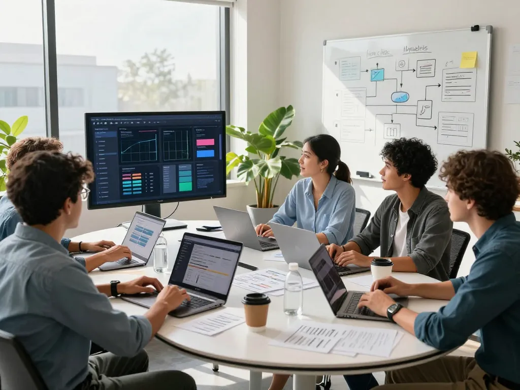 Team collaborating at https://fabetbiz.com/ digital marketing workspace with laptops, strategies, and a bright atmosphere.