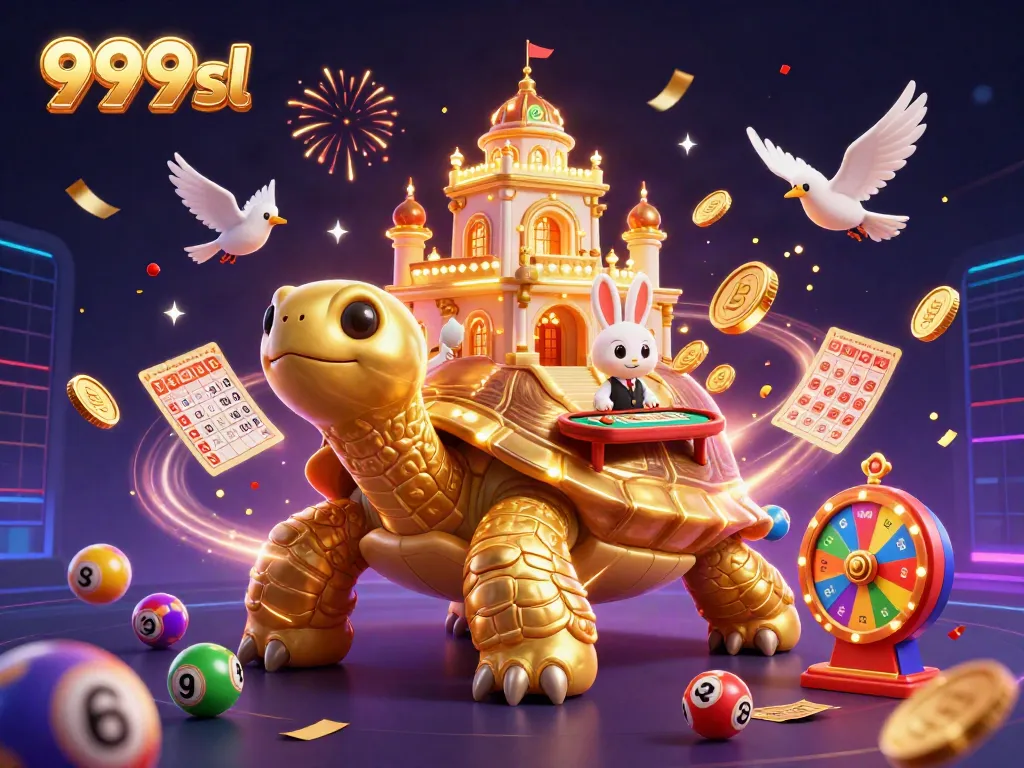 Engage with the colorful world of 999sl apk, featuring a golden tortoise casino with dynamic game elements around.