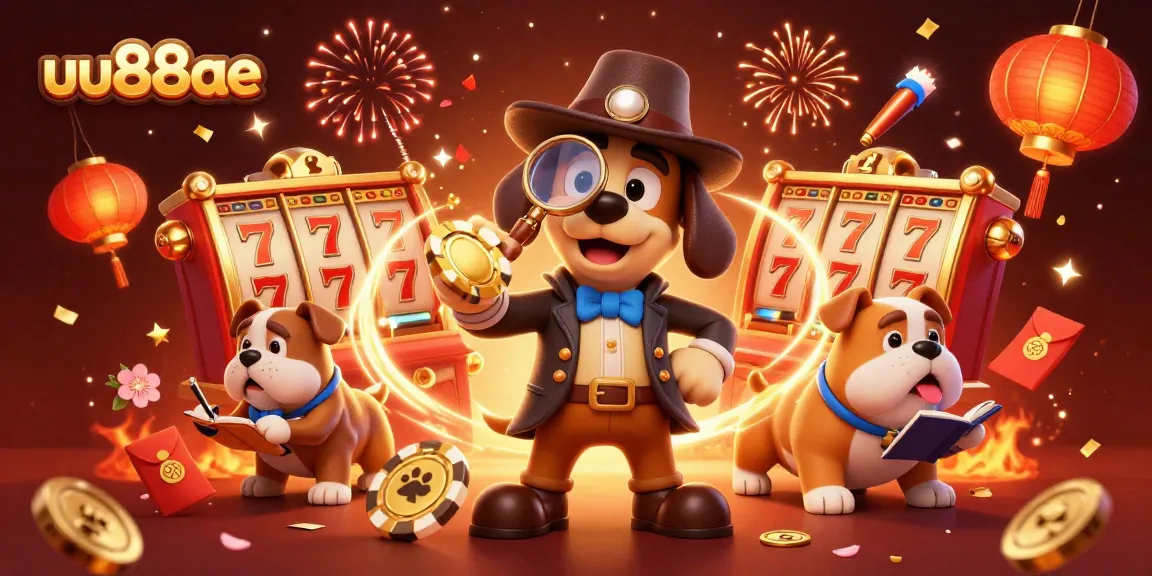 Experience thrilling gameplay with uu88ae as a detective investigates a golden poker chip amidst celebratory elements.