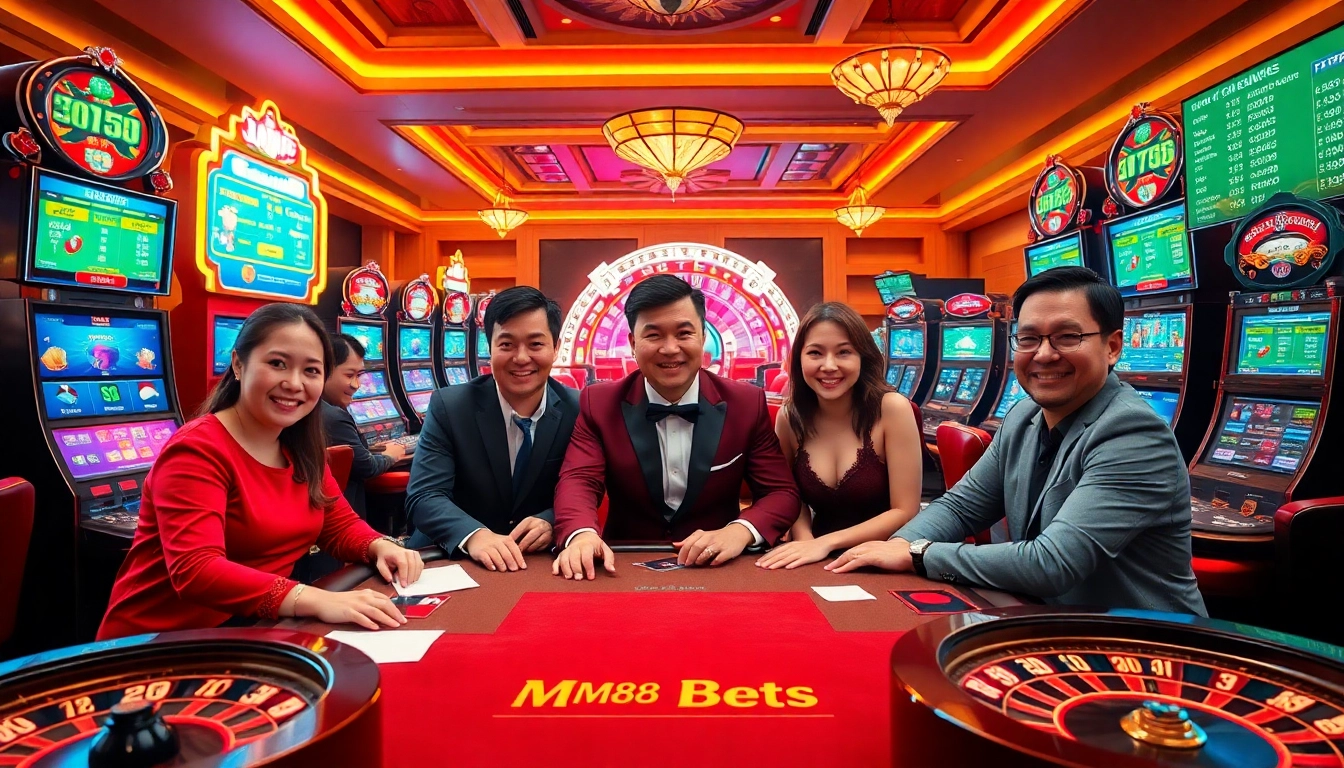 Players engaging in high stakes MM88 Bets poker game amidst luxury casino ambiance.