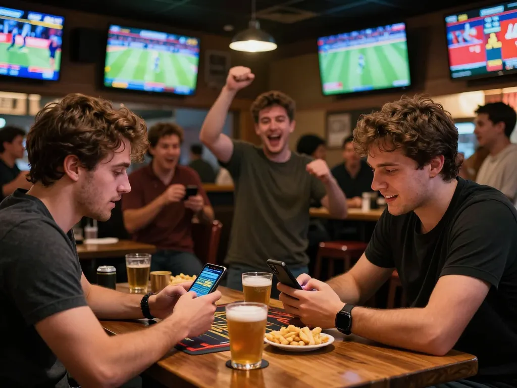 Engaging in kèo nhà cái trực tiếp, friends analyzing betting odds at a sports bar.