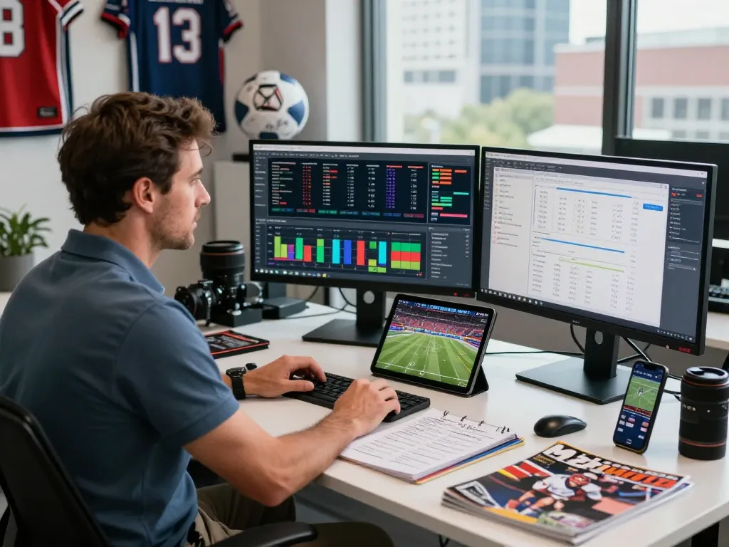 Engaged sports analyst at https://thscrore.com/ with multiple monitors tracking live game statistics and analytics.