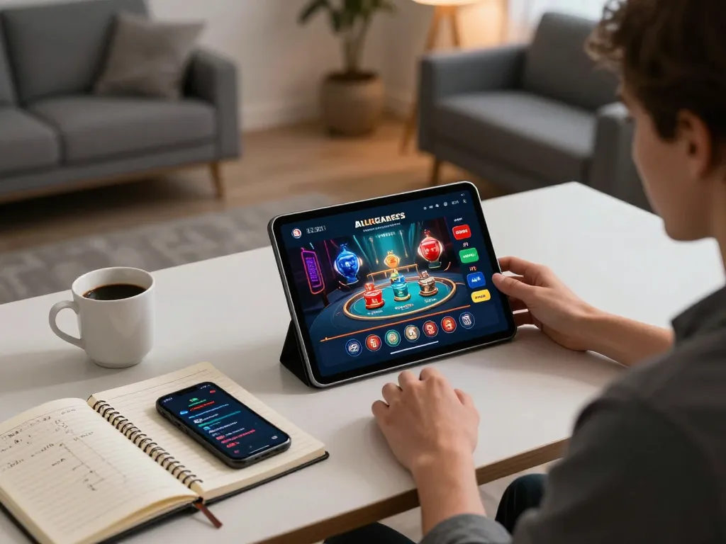 Engaged player using dn88 trang chủ to access exciting casino games on tablet in a modern home office
