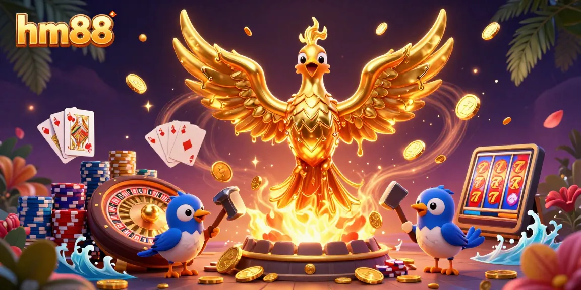 Play and win with hm88 as the golden phoenix emerges with coins in this casino-themed illustration.