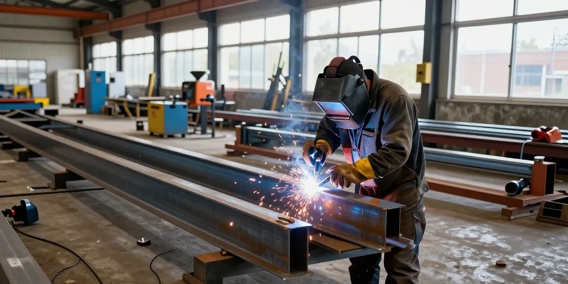 Welding steel beams in a modern workshop by a commercial steel company.