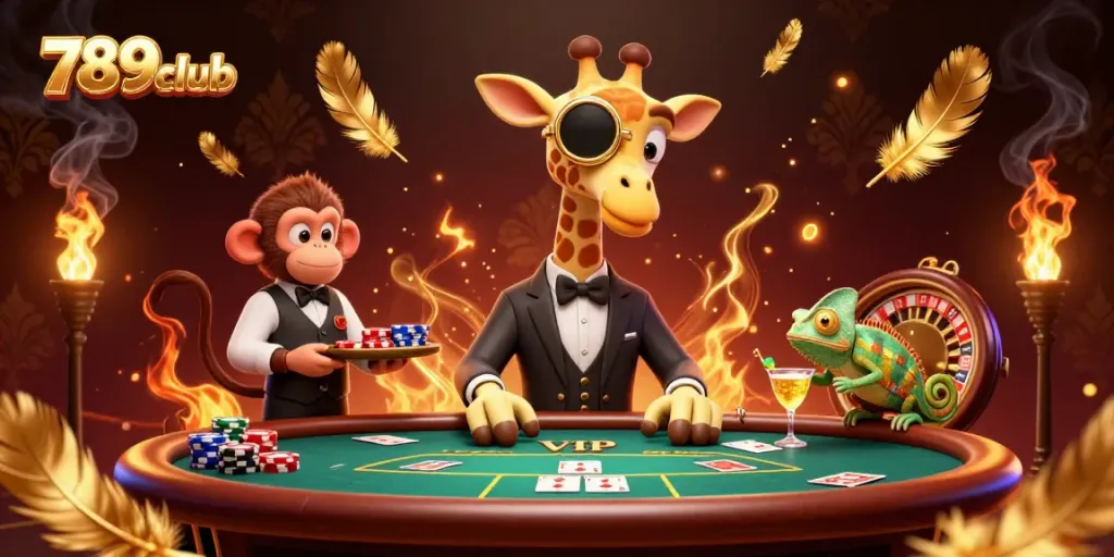 Join the vibrant action at 789club with a high-roller giraffe playing poker, surrounded by golden tokens and casino elements.