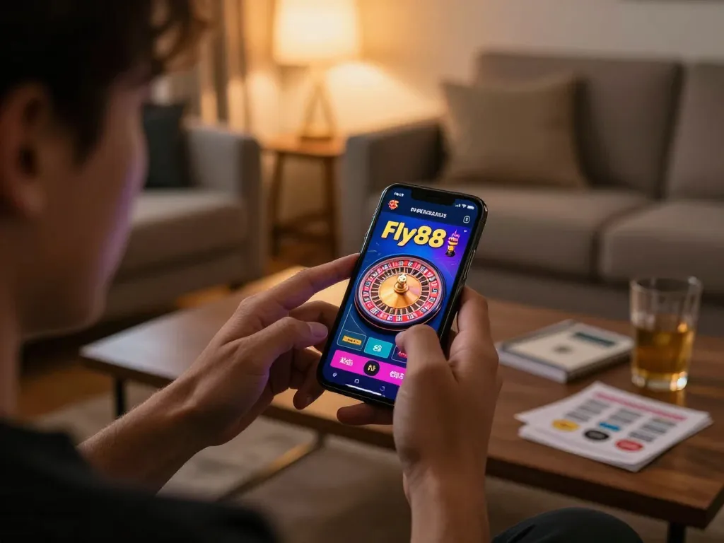 Engaging gaming experience with fly88 app for roulette on smartphone in cozy living room