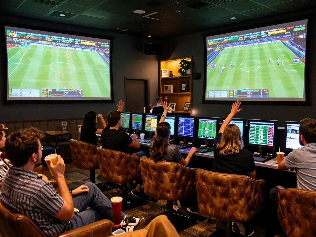 Betting excitement at https://tx88at.com/ sports lounge with fans cheering and live odds displayed.