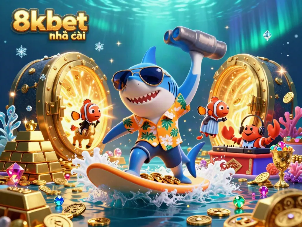 Experience gaming excitement at 8xbet nhà cái, featuring vibrant casino characters amidst riches.