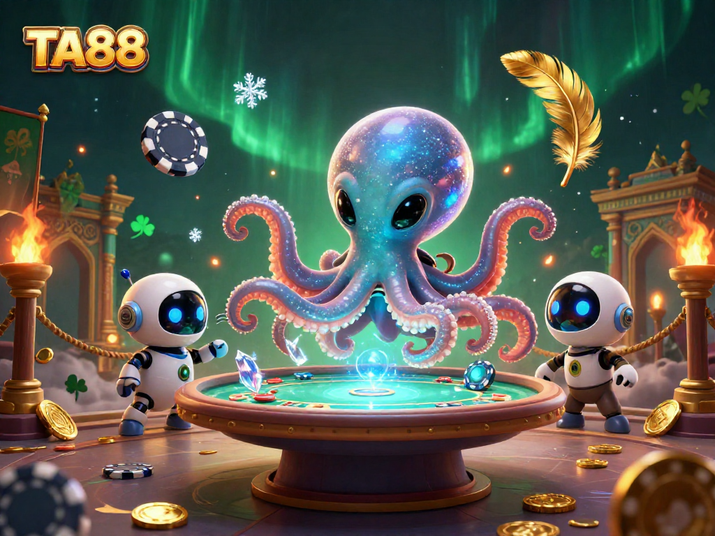 TA88 alien octopus playing poker with chips amidst a vibrant cosmic casino scene