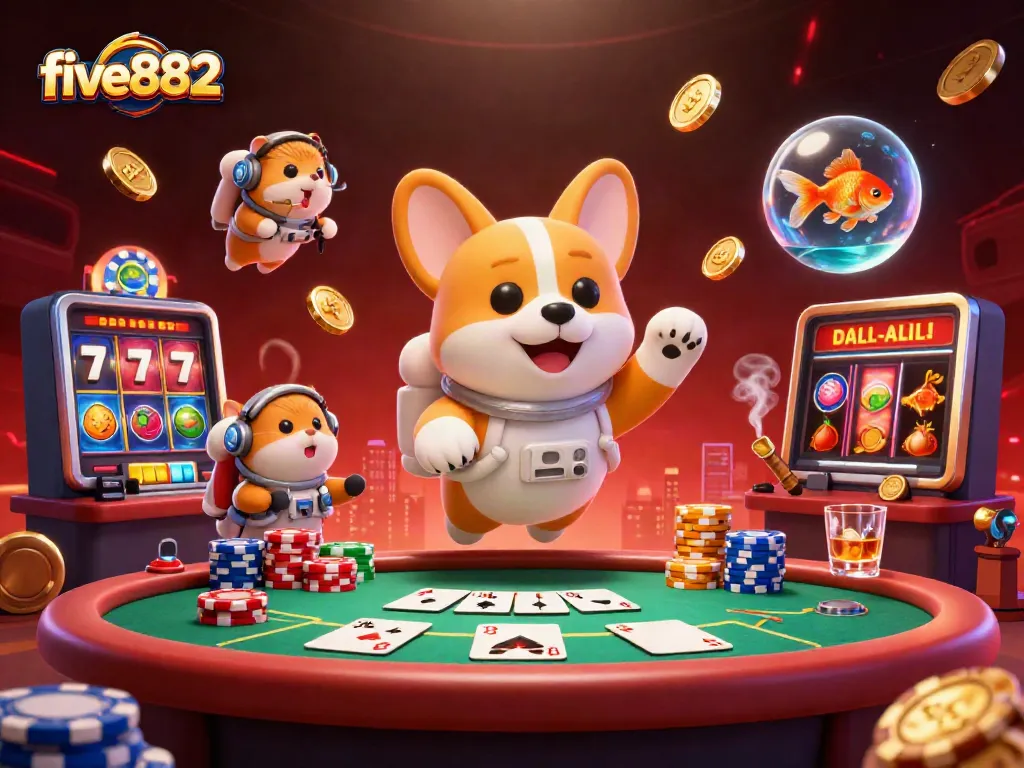 Experience thrilling gameplay at five882, with vibrant poker chips and immersive slot elements in a cosmic casino.