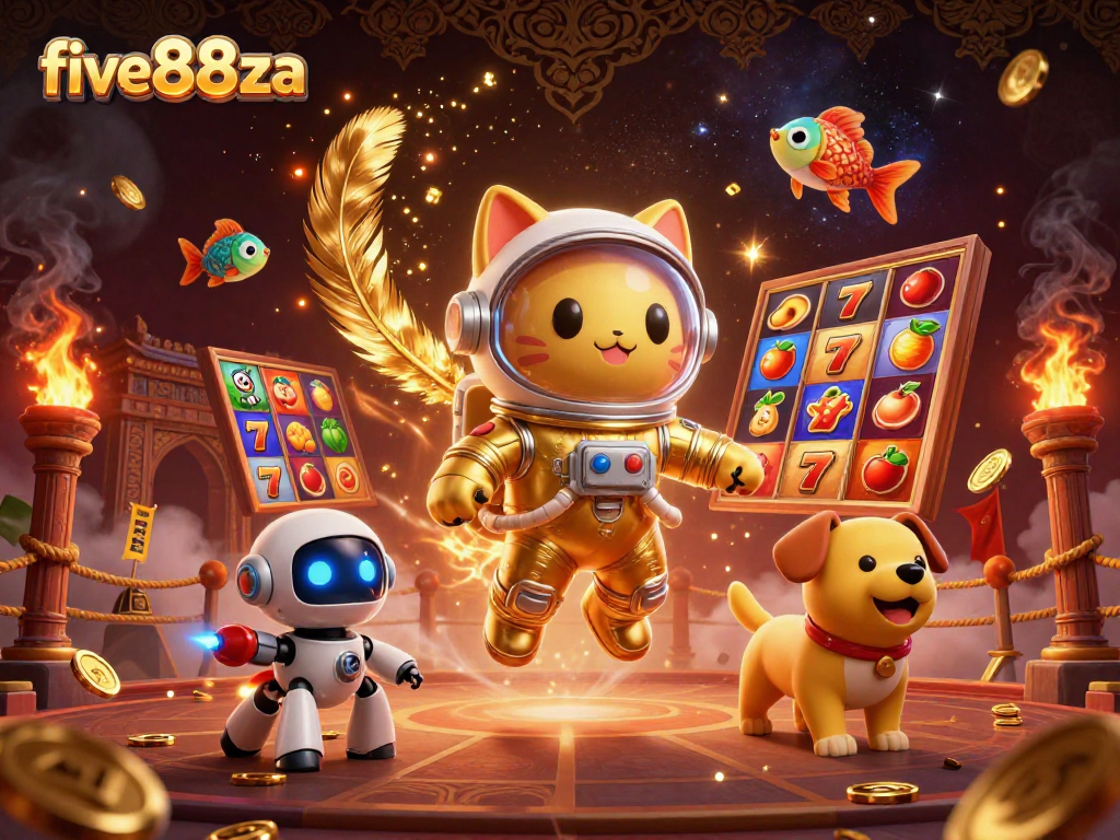 Experience the thrill of five88za with a vibrant 3D casino scene featuring lucky symbols and cosmic characters.