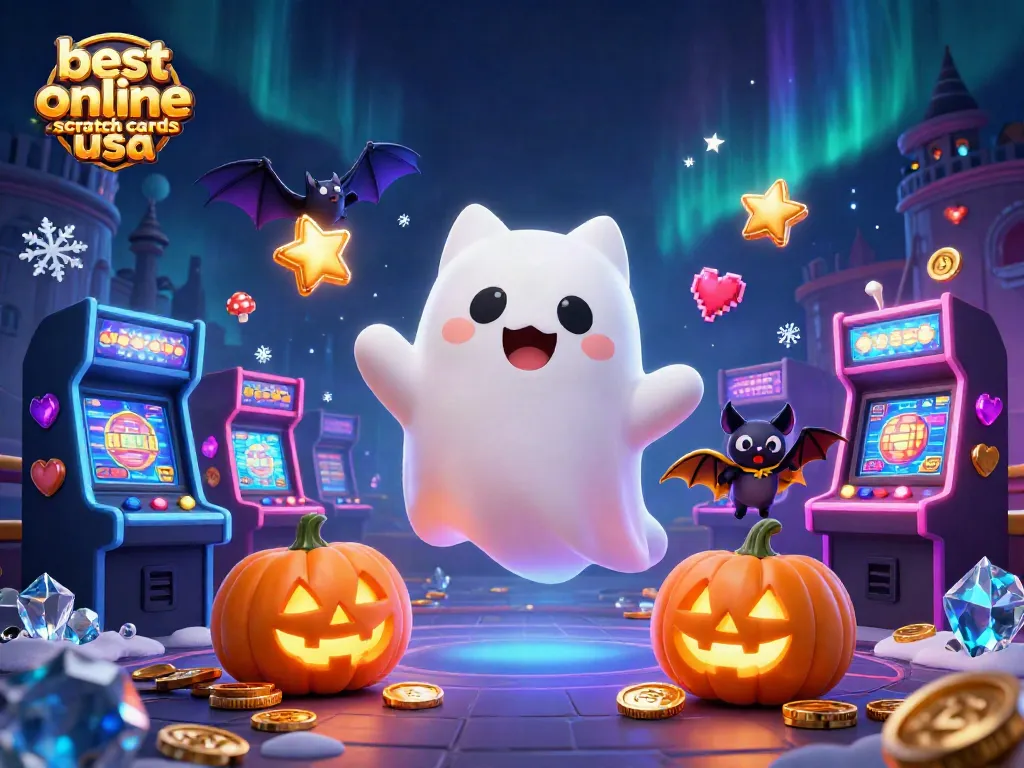 Play exciting online scratch cards USA with a friendly ghost cat and glowing jack-o-lanterns in a haunted casino.