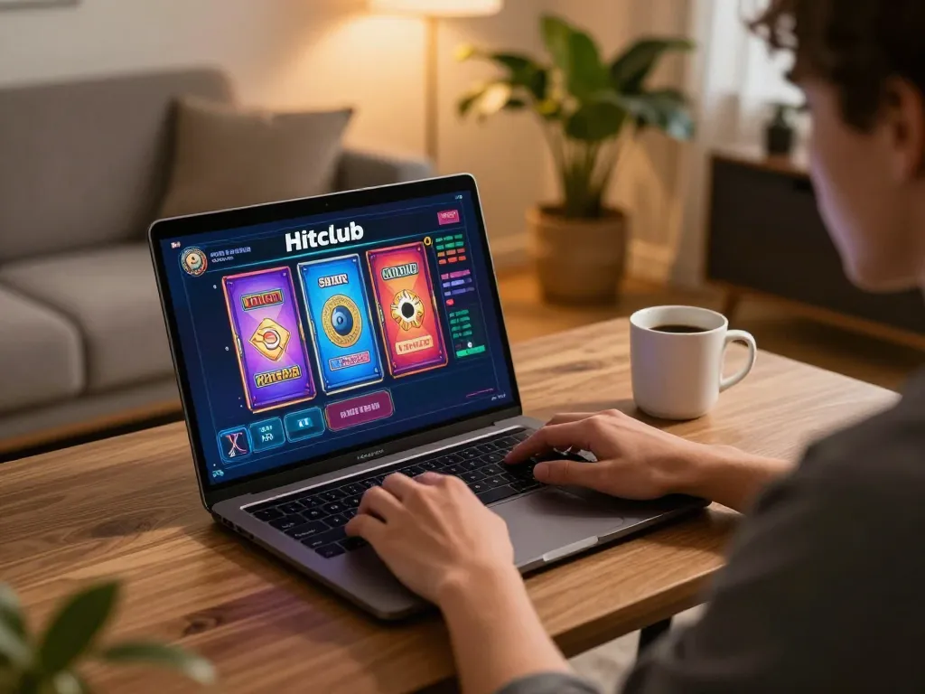 Player enjoying a game of Hitclub on a laptop in a cozy home setup with warm lighting