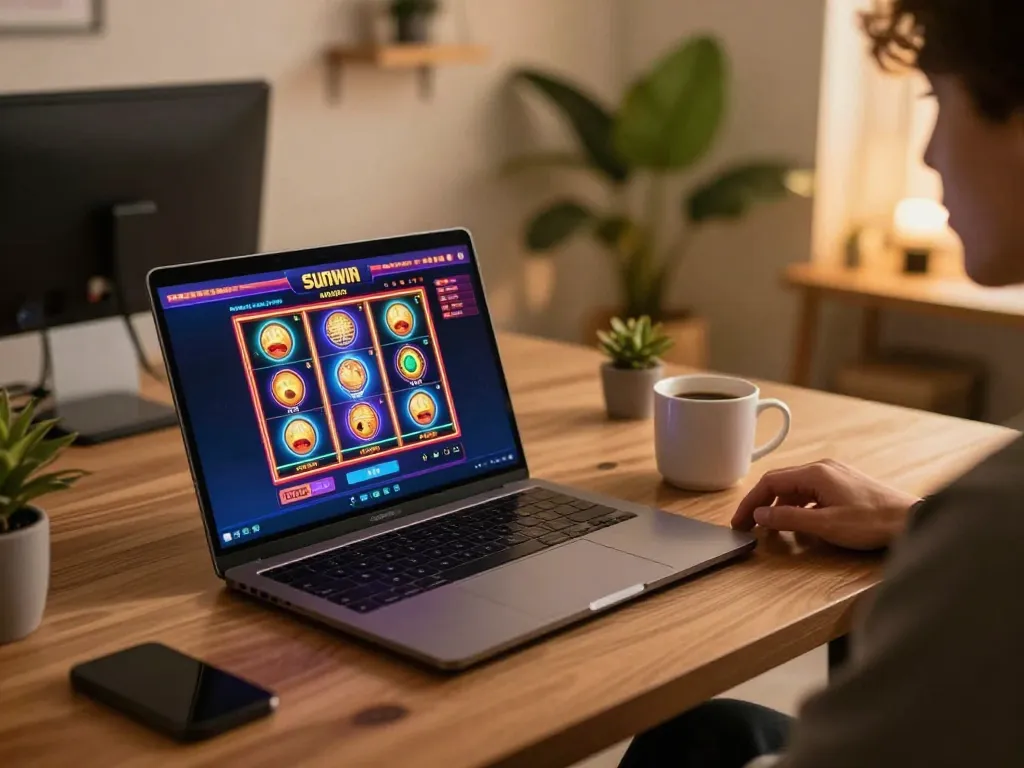 Engaging player enjoying the Sunwin online casino experience on a modern laptop in a cozy home setting
