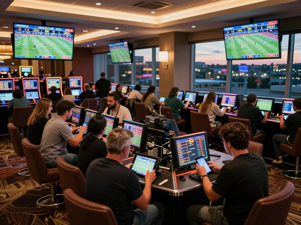 Betting excitement at a sports betting lounge, Link vào Sky88 showcased with bettors engaging in live matches.