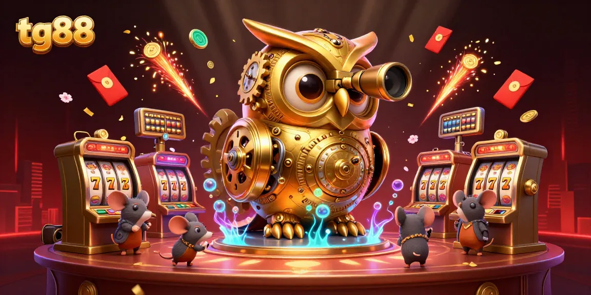 Engage with tg88 as a golden owl oversees vibrant slot games and lucky symbols in a bustling casino.