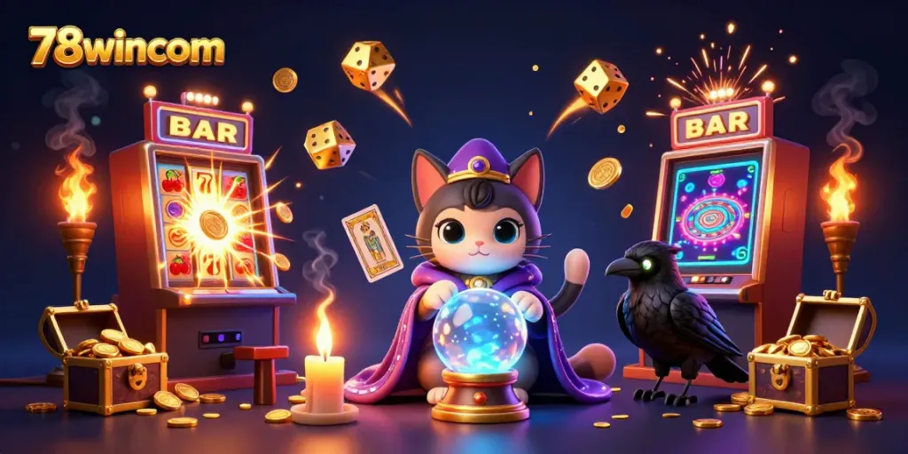 Experience the magic of 78wincom with a mystical scene featuring a fortune teller cat and a tarot raven amidst exciting casino elements.