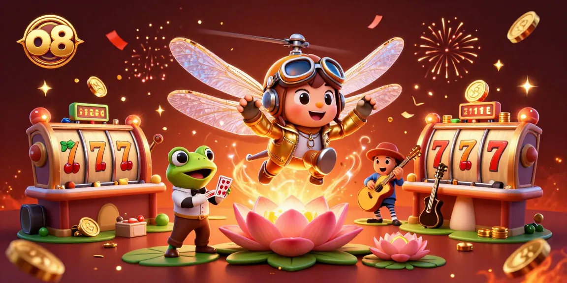 Experience thrilling slots at o8 with a vibrant 3D dragonfly pilot and frog croupier, surrounded by dazzling casino elements.