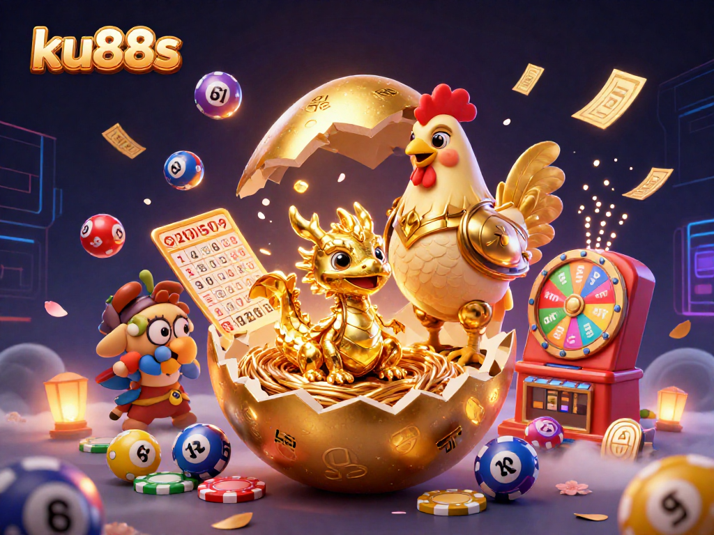 ku88s interactive scene showcasing a golden dragon amidst casino elements like poker chips and lottery balls.