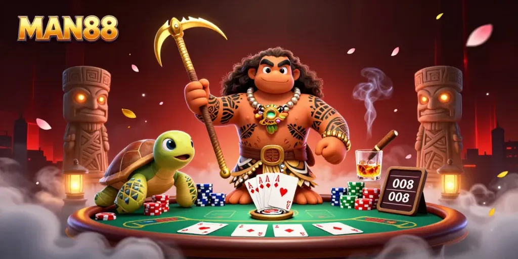 Experience the excitement of MAN88 with a vibrant casino illustration featuring dynamic gameplay elements.