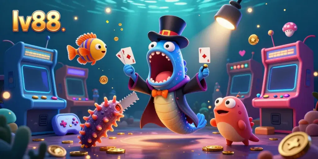 Experience thrilling online gambling with lv88 through a dynamic underwater casino scene featuring enchanting sea creatures and exciting games.