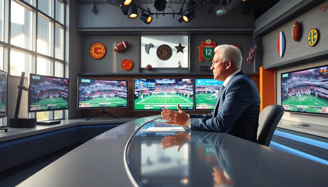 Engaging sports broadcasting scene showcasing an anchor, lively studio atmosphere.