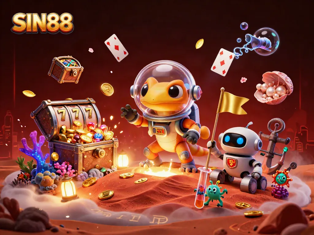 SIN88 casino illustration featuring a Martian gecko discovering a golden gambling paradise with vibrant game elements