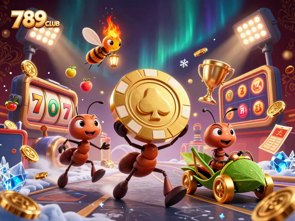 Experience thrilling gameplay with 789CLUB as cartoon ants carry a giant poker chip through a vibrant casino scene.