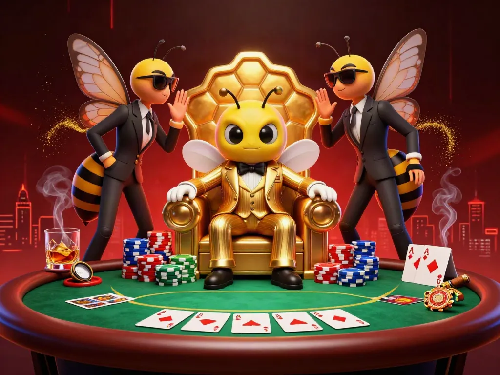11WIN showcases a vibrant cartoon casino scene with a bumblebee mob boss engaging in poker action.