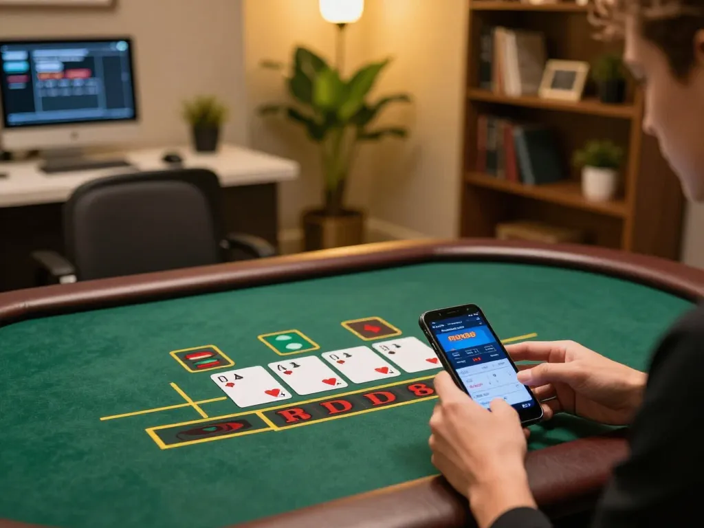 Experience max88's live baccarat gameplay with strategic betting in a cozy home office.