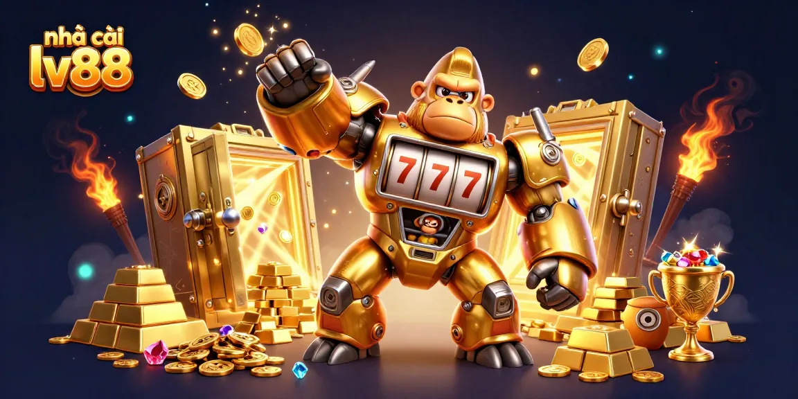 Engage with nhà cái lv88 featuring a dynamic golden gorilla mech amidst a treasure-filled casino