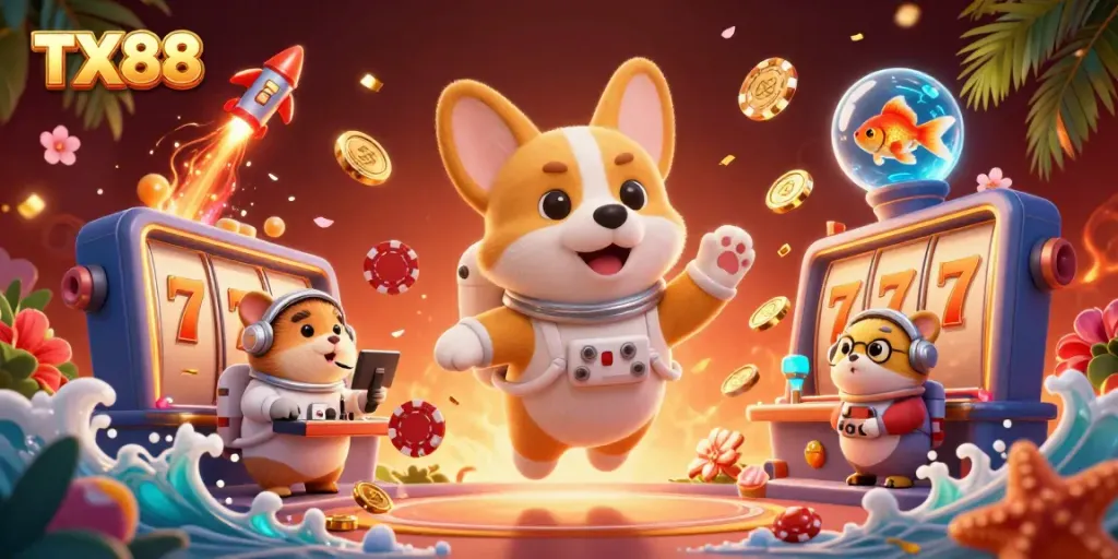 TX88 brings online gaming excitement to life with a floating corgi and bustling casino elements.