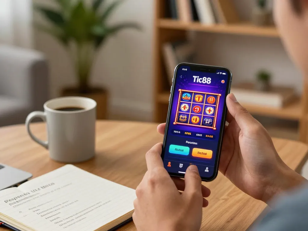 Playing Link truy cập Tic88 slot games on mobile app in a cozy home setting.