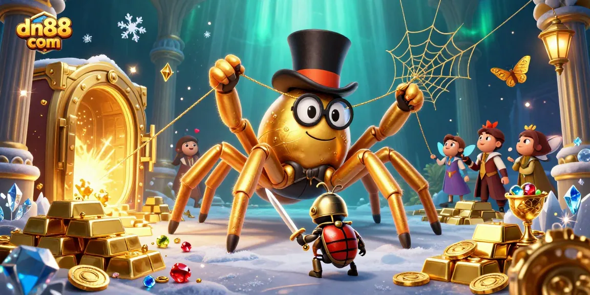 Engage with the exciting world of dn88 com while viewing a rich 3D casino illustration featuring a golden tarantula and a beetle knight.