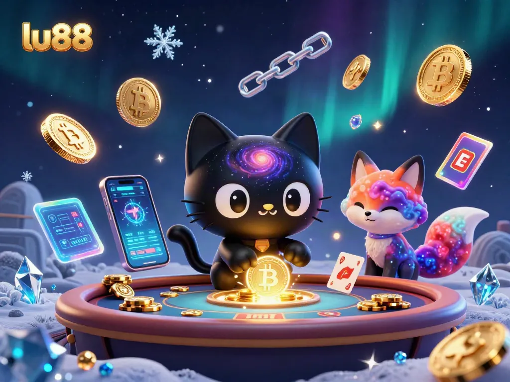 Experience thrilling gaming adventures at lu88 with a cosmic casino scene featuring playful characters and vibrant crypto elements.