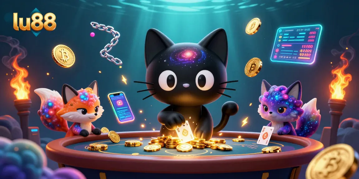 Play exciting games at lu88 with a cosmic-themed casino illustration featuring captivating characters and crypto elements.