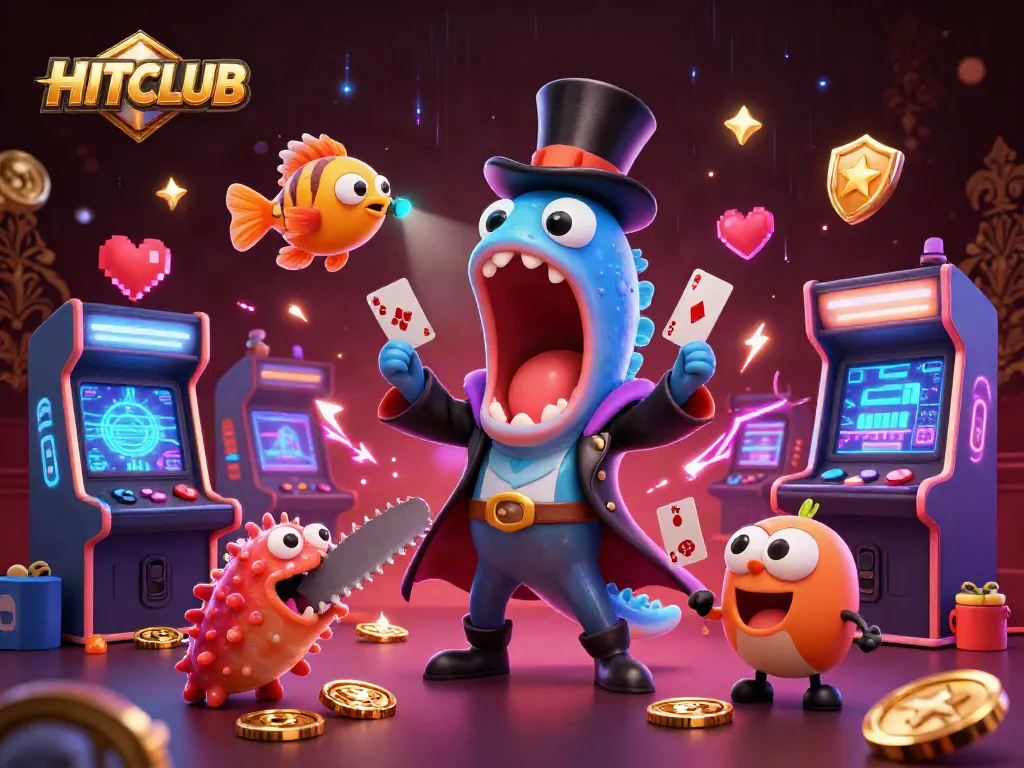 Experience HITCLUB magic with a whimsical underwater gaming illustration full of vibrant action.