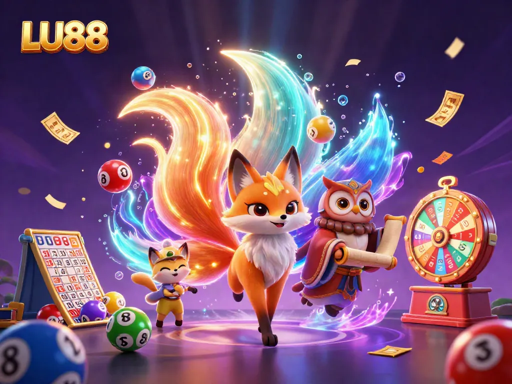 LU88's vibrant world of gaming with a mystical nine-tailed fox guiding players through thrilling lottery adventures.