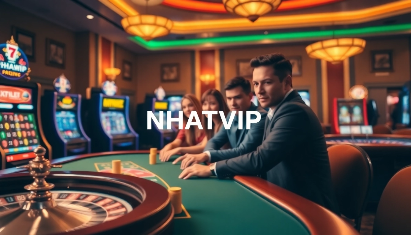 Engaged players at NHATVIP casino table showcasing poker excitement and vibrant atmosphere.
