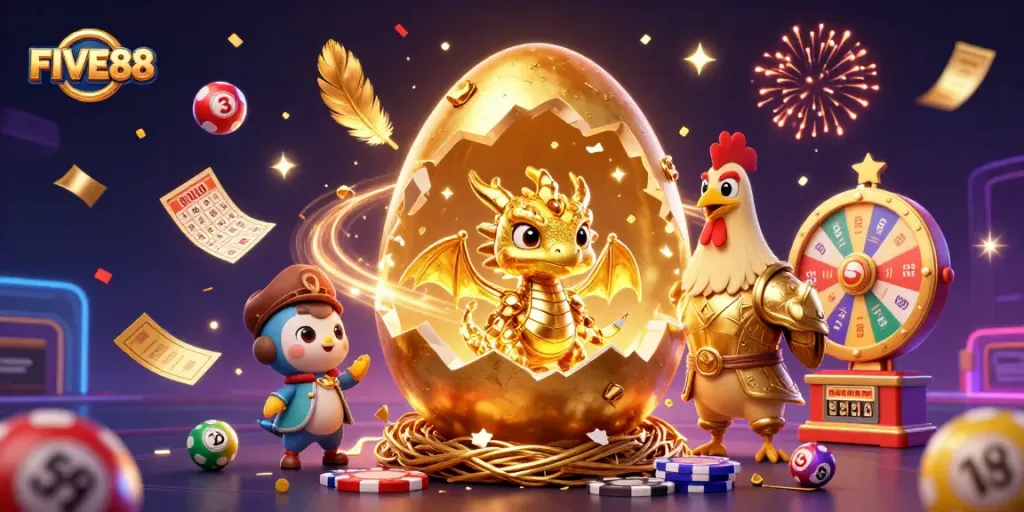Experience the excitement of FIVE88 with a golden baby dragon, poker chips, and vibrant lottery elements.