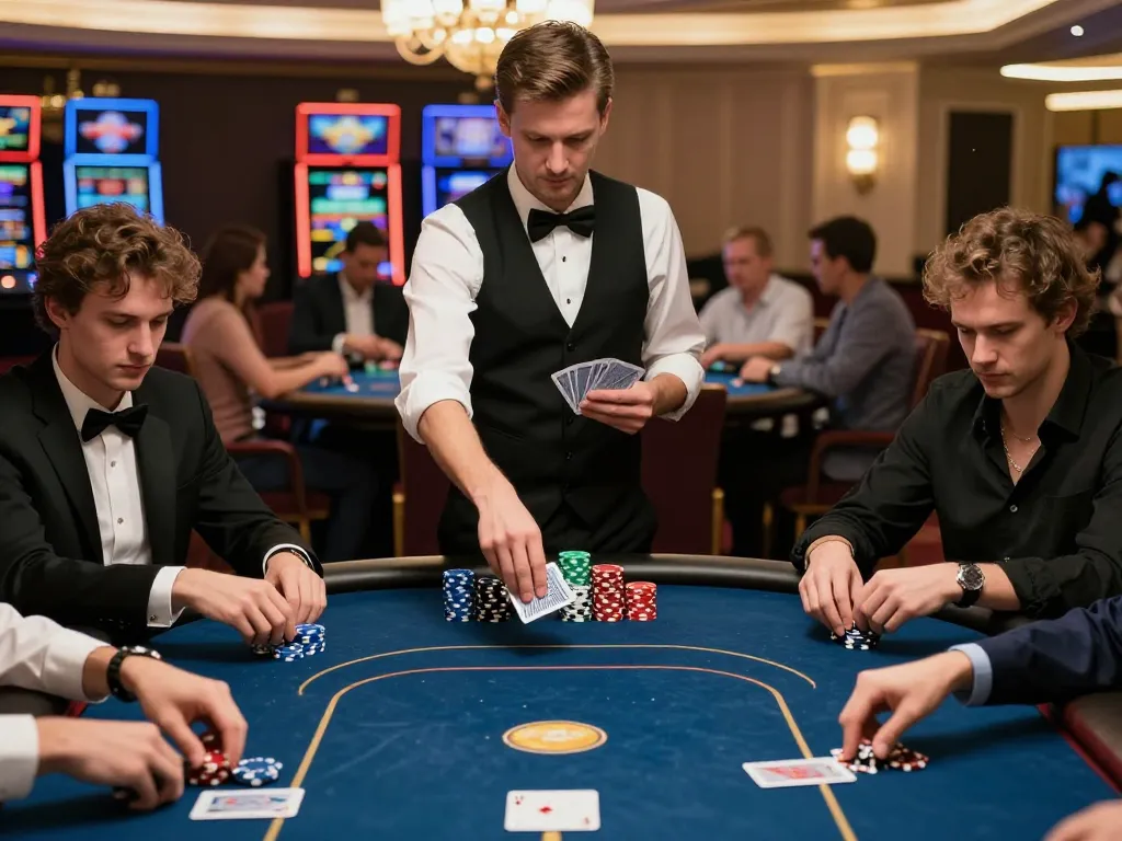 Players engaging in a bl555 poker game with chips and cards, showcasing strategic tension.
