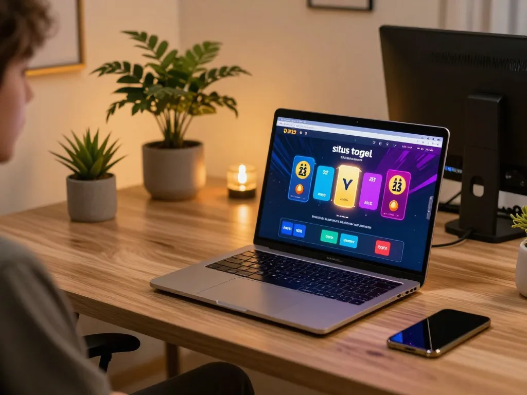 Pemain situs togel online yang menarik di laptop bergaya, menampilkan permainan yang aktif.