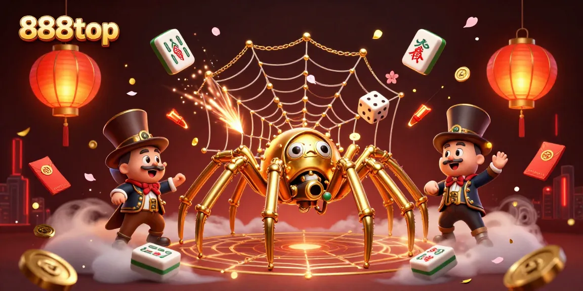 Engage with 888top's vibrant casino illustration featuring a steampunk spider and gaming elements.